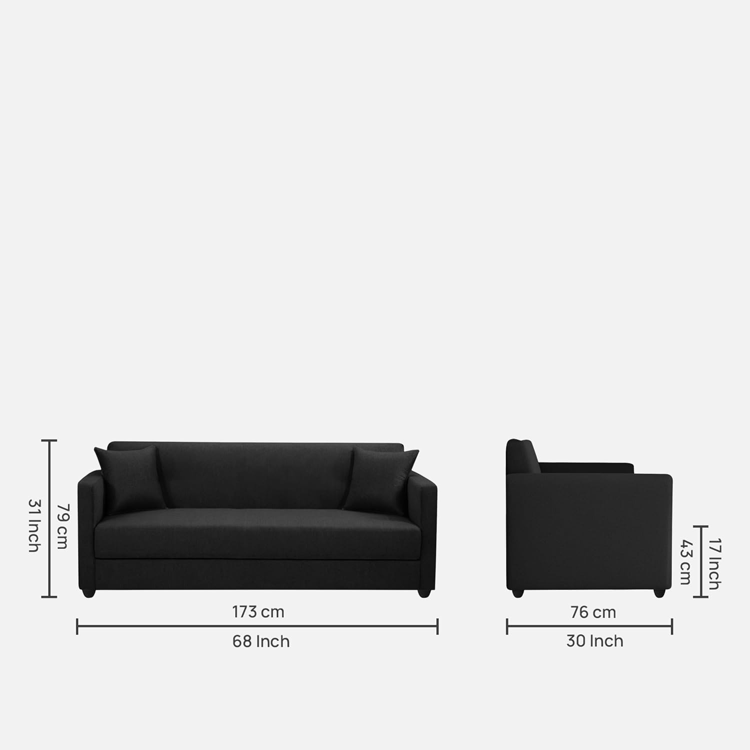 Elma Three Seater Sofa in Fabric- Black